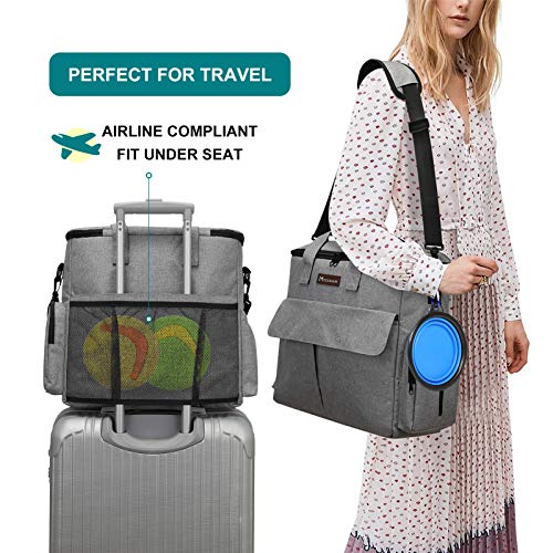 Modoker Dog Travel Bag, Weekend Pet Travel Set for Dog and Cat, Airline Approved Tote Organizer with Multi-Function Pockets, 2 Food Storage Containers, 2 Collapsible Bowls, 1 Feeding Mat (Grey)