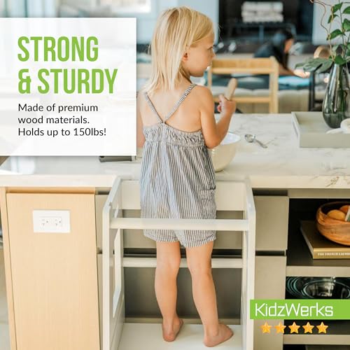 KidzWerks Child Standing Tower Kids Kitchen Step Stool Toddler Wood Stepping Stool - Children's Montessori Stool - Adjustable Platform, Gray
