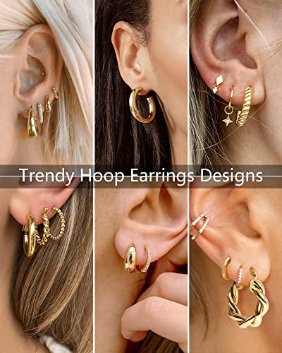 Adoyi Gold Hoop Earrings, 14K Gold Plated Lightweight Jewelry, Small Chunky Huggie Hoop Earrings Set for Women, 9 Pairs