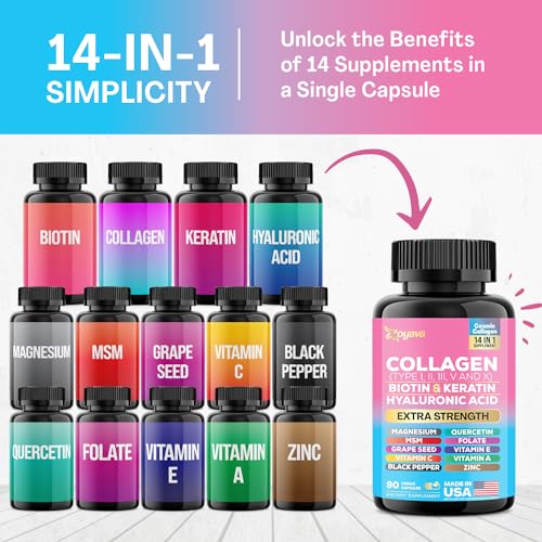 Zoyava Collagen Pills Peptides Types I, II, III, V & X MCG Biotin Keratin Hyaluronic Acid MSM Vitamin A Vitamin C Vitamin E Folic Acid Zinc Magnesium with Grape Seed Extract, Quercetin (90 Caps)