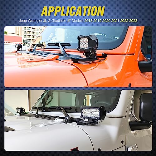 Nilight Light Mounting Bracket Hood Cowl Mount Brackets for Front A-Pillar Auxiliary Offroad LED Pod Light Work Lights on 2018-2023 Jeep Wrangler JL/JLU 2020-2023 Gladiator JT