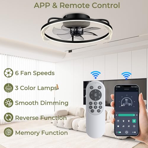 Mcestna Low Profile Ceiling Fan with Light - Flush Mount Ceiling Fan with Remote App Control 20 Inch Black Bedroom Ceiling Fan with Light Dimmable LED Modern Bladeless Ceiling Fan for Living Room