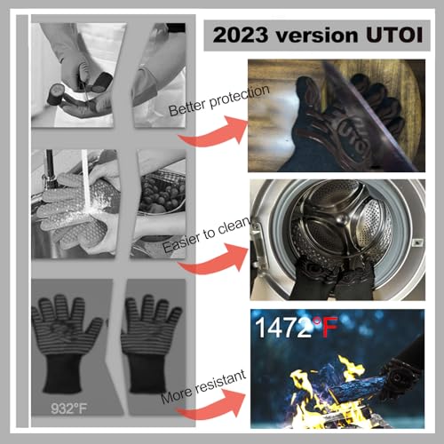 UTOI BBQ Grill Gloves, 1472°F Heat Resistant Barbecue Gloves Oven Mitts, Silicone Non-Slip Cooking Gloves for Kitchen, Grilling and Baking, EN407 Certified, 13 inch Long, Black, XL Size, 1 Pair