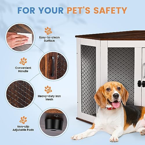 BOEASTER Corner Dog Crate Furniture, Wooden Dog Kennel End Table with Door Furniture Style Dog House Pet Crate Indoor Use for Small Medium Dogs
