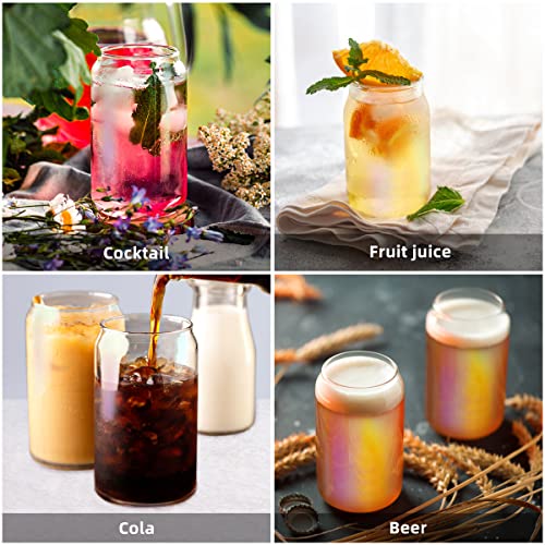 Ruckae Drinking Glasses with Bamboo Lids and Straw, 16oz 8 Pack Glass Cups,Glass Tumbler with Straw and Lid,Smoothie Cup,Iced Coffee Cup for Beer,Soda,Iced Coffee, Smoothies,Cocktail,Whiskey