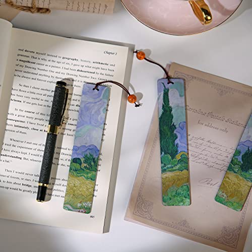 Donxote Bookmark Set of 4, Van Gogh Wooden Aesthetic Art Bookmarks with Gift Box, Book Mark for Book Lovers, is A Unique Gift for Men, Women - A Wheatfield with Cypresses