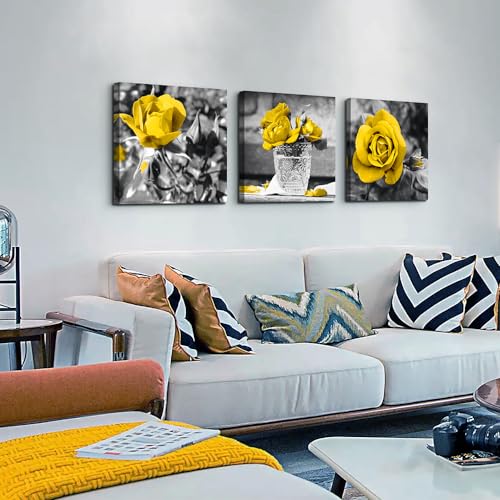 Lapremoly Canvas Wall Art For Kitchen Restaurant Wall Decor For Bedroom Black And White Wall Painting Yellow Rose Pictures Print Art Ready To Hang Girls Gift Room Modern Home Decor 12"X12" 3 Pieces