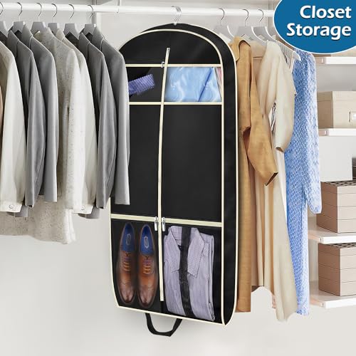 MISSLO 43" Gusseted Travel Garment Bag with Accessories Zipper Pocket Breathable Suit Garment Cover for Shirts Dresses Coats, Black
