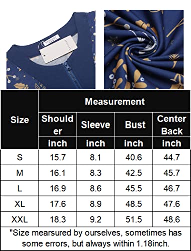 Ekouaer Women Zipper Front Nightgown Short Sleeve Housecoat Cotton Printing Housedress Full Length Robe with 2 Pockets L