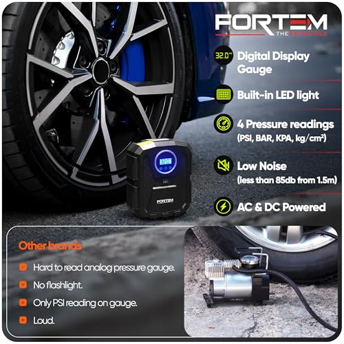 FORTEM Tire Inflator 150 PSI, Bike Pump, 110V AC 12V DC Air Pump for Car Tires, Digital Tire Pressure Gauge w/Auto Pump/Shut Off, Carrying Case (Black)