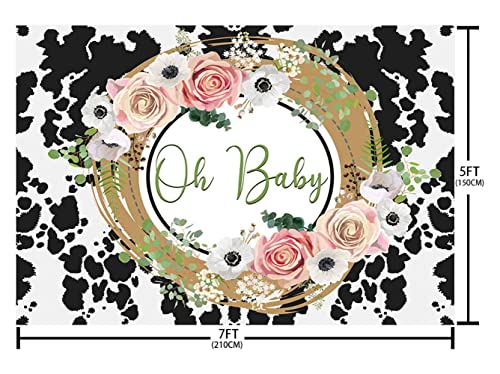 ABLIN 7x5ft Oh Baby Backdrop Black and White Cow Print Photography Background Pink Floral Holy Cow Baby Shower Banner Farm Cow Theme Baby Shower Decorations Photo Shoot Props, CQ327