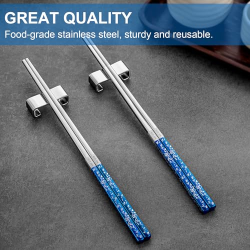 FOFAYU Metal Chopsticks Reusable 2 Pairs Titanium Plated Stainless Steel Chopsticks with Holder, Dishwasher Safe Non-Slip Japanese Style Chop Sticks Present Set (Blue Silver)