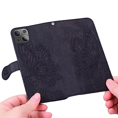 Flip Case Compatible for iPhone 15 Wallet Case PU Leather Folio Cover, Butterfly Phone Case Soft Silicone Bumper with Card Holder Kickstand Magnetic Closure Lanyard Holster for Women-Brown