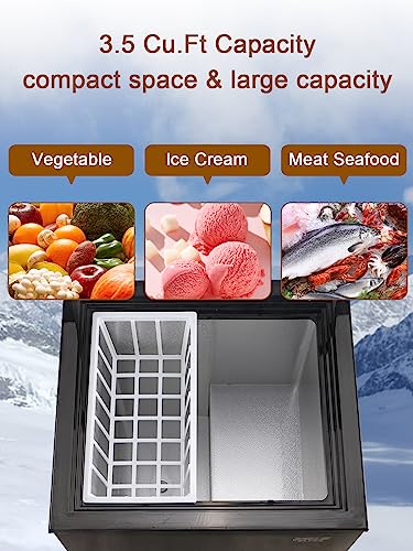 KRIB BLING Mini Chest Freezer 3.5 Cu.Ft 7 Gears Temperature Control Compact Deep Freezer with Top Open Door and Removable Storage Basket Black