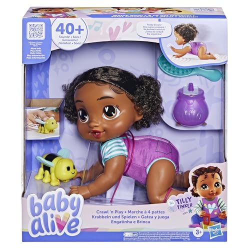 Baby Alive Crawl 'n Play Tilly Tinker Electronic Crawling Baby Doll Set, Black Hair, Kids Toys for Girls & Boys 3 Years & Up, 10.75 Inches