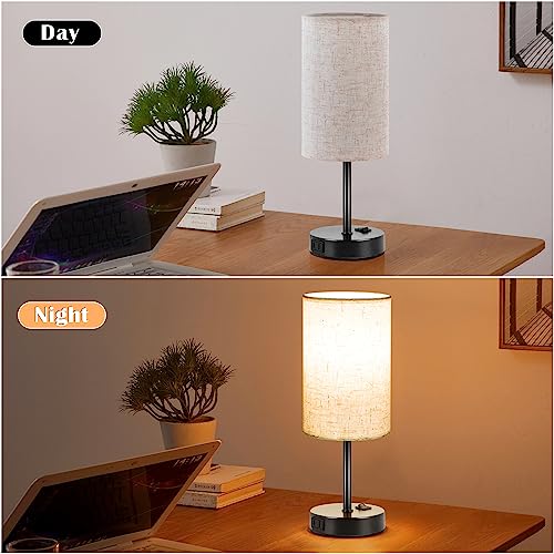 ZJOJO Table Lamp for Bedroom Set of 2, Bedside Small Lamps with 3 Way Dimmable Rocker Switch and AC Outlet, Nightstand Desk Lamp with Flaxen Fabric Shade Black Base for Living Room Home Decor Lights