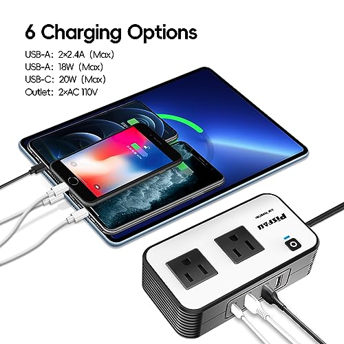 200W Car Power Inverter, PiSFAU DC 12V to 110V AC Car Plug Adapter Outlet with [20W USB-C] /USB-Fast Charger(18W) / 4.8A Dual USB/car Charger for Laptop