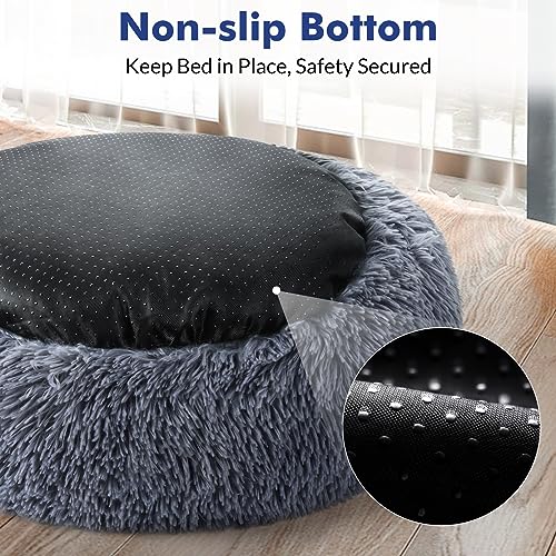 rabbitgoo Cat Beds for Indoor Cats, 20 inches Cat Bed Machine Washable, Fluffy Round Pet Bed Non-Slip, Calming Soft Plush Donut Cuddler Cushion Self Warming for Small Dogs Kittens, Dark Grey, Medium