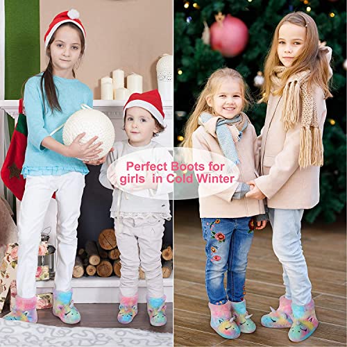 Girls Kids Unicorn Slippers Booties Home House Slippers Boots Toddler Cute Plush Fleece Warm Cartoon Indoor Outdoor Slip on Fluffy Booties Rainbow Shoes for Boys Girls Pink (12-13) 13-14 Little Kid