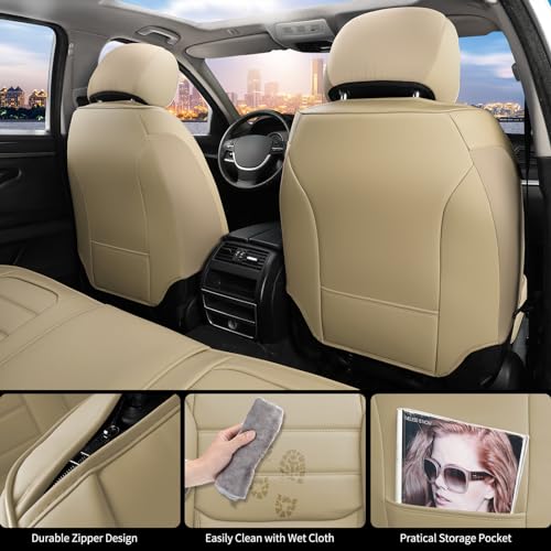 COVER EMPIRE Car Seat Covers Front Seats, Universal Leather Seat Covers for Cars, Waterproof Automotive Seat Covers for Trucks SUVs Sedans, Full Coverage Vehicle Seat Covers with Lumbar Support, Beige