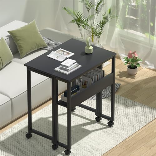GreenForest Folding Desk Small Foldable Table with Storage Shelf,24.8 inch Rolling Computer Desk with Wheels Space Saving for Bedroom Home Office,Easy Assembly,Black