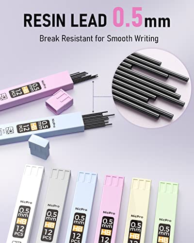 Nicpro 6PCS Pastel Mechanical Pencil Set 0.5 mm, Cute Mechanical Pencils with Comfort Grip with 12 Tubes HB Lead Refill, 3 Eraser, 9 Eraser Refills for Student Writing, Drawing, Sketching- with Case