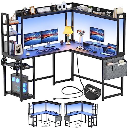 Aheaplus L Shaped Gaming Desk, Reversible L Shaped Desk with Power Outlet and Led Lights, Gaming Desk Corner Computer Desk with Hutch, Monitor Stand and Storage Bag for Home Office, Black