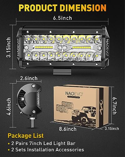 NAOEVO 7 Inch LED Light Bar, 480W 48,000LM Offroad Fog/Driving Lights LED Tractor Lights with Spot Flood Combo Beam, Waterproof LED Work Lights for Truck Boat ATV UTV, 4 Pcs (White)