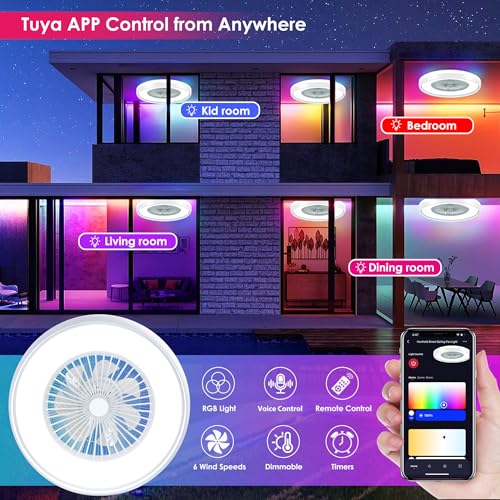 HUMHOLD 24" Low Profile Ceiling Fan with RGB Lights, Bladeless Ceiling Fan with Remote/APP/Voice Control, 6 Speeds Flush Mount Smart Ceiling Fan for Kids Bedroom/Kitchen/Dining Room
