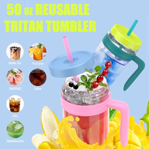 Tronco 50 oz Tritan Plastic Tumbler with Lid and Straw, BPA-Free Reusable Clear Water Bottle with Time Marker, 100% Leak Proof & Wide Mouth for Iced Coffee, Juice, Bubble Tea, Smoothies