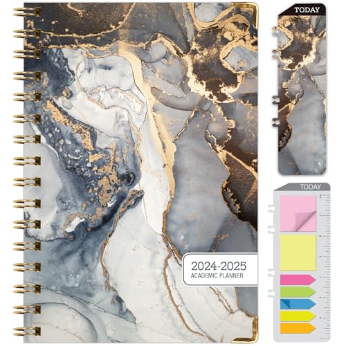 HARDCOVER Academic Year 2024-2025 Planner: (June 2024 Through July 2025) 5.5"x8" Daily Weekly Monthly Planner Yearly Agenda. Bookmark, Pocket Folder and Sticky Note Set (Black Gold Marble)