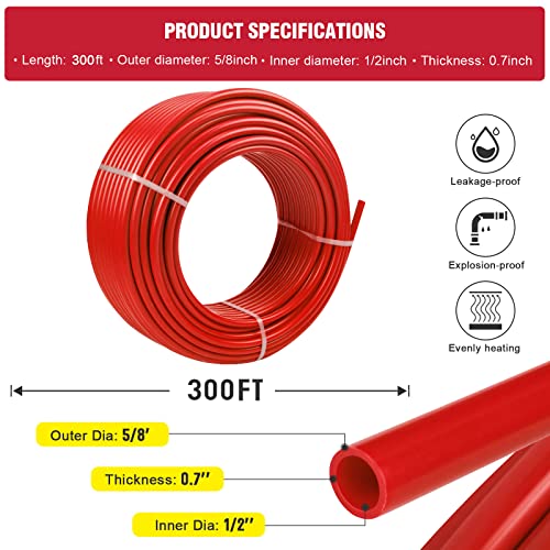 PEX Pipe 1/2 Inch 300ft 1 Rolls PEX Tubing EVOH PEX-B Pipe Oxygen Barrier Durable Leakage-Proof Flexible for Residential Water Lines in Homes PEX Radiant Heat Tubing(Red)