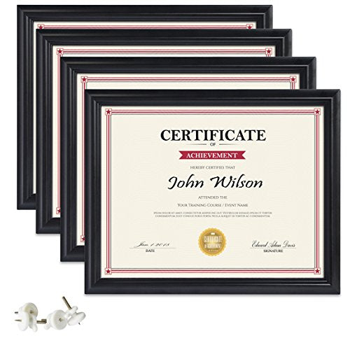 PETAFLOP 8.5x11 Certificate Frame, Black Picture Diploma Degree Document Frames with Real Glass Front, Wall or Tabletop Vertically or Horizontally Display, 4 Pack