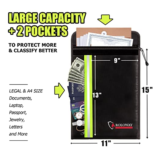 ROLOWAY Fireproof Document Bag (15.5 x 11.5 inch) with 2 Pockets and 5200℉ Aluminum Foil Layer, Fireproof Bag for Document Safe Fireproof Waterproof Document Bag, Fireproof Money Bag (Black)