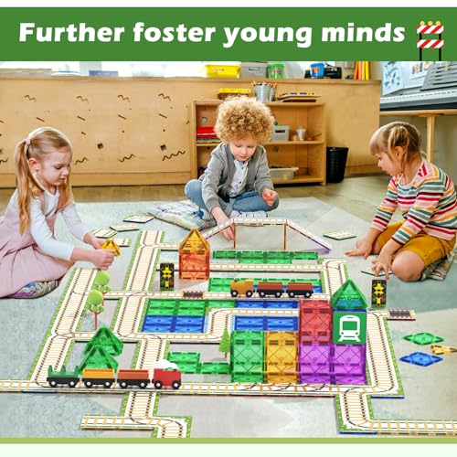 56PCS Magnetic Tiles Railroad Toppers Kids Toys Add-on Train Track Playset Playing with Trains Cars Preschool Learning Activities STEM Toys for Age 5-7