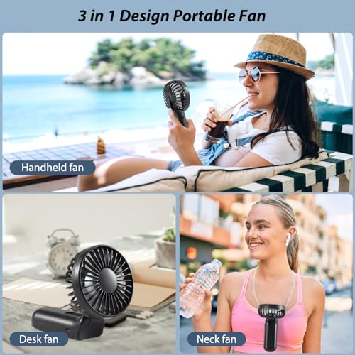 Leimaq Handheld Mini Fan, Handheld/Neck/Desk 3 in 1 Small Portable Fan USB Rechargeable, 3000mAh Battery Operated Fan with LED Display, 180° Foldable Fan with 5 Speed Wind (Black)
