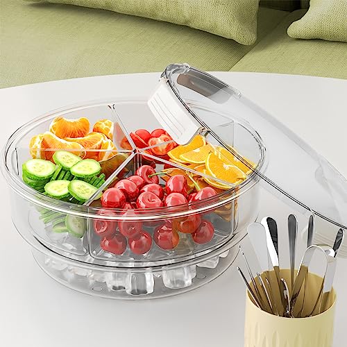 caktraie Condiment Tray [with 360° Rotating Tray Turntable] Stainless Steel 5 Spoons, 5 Forks and 1 Clip, Bar Ice Fruit Holder, Condiment Server, Compartment Tray with Lid