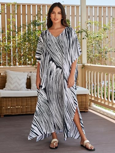 IMAGEKOPE Women's Plus Size Loose Fit Moroccan Print V-Neck Batwing Kaftan Beach Dress Bathing Suit Cover Up