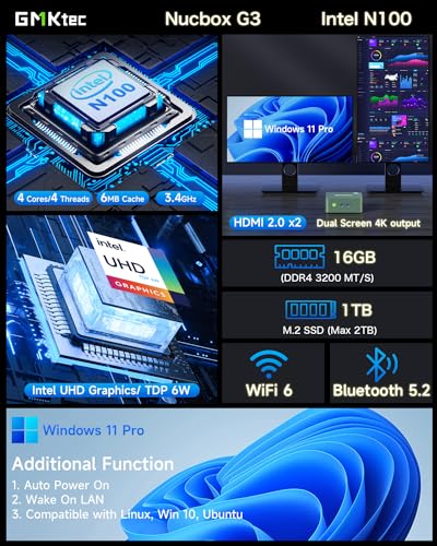 GMKtec Mini PC N100, Preinstalled Windows 11 Pro, G3 Intel Alder Lake N100 (3.4GHz), 8GB DDR4 RAM 256GB PCIe M.2 SSD, Desktop Computer 4K Dual HDMI/USB3.2/WiFi 6/BT5.2/2.5G RJ45 for Office, Business