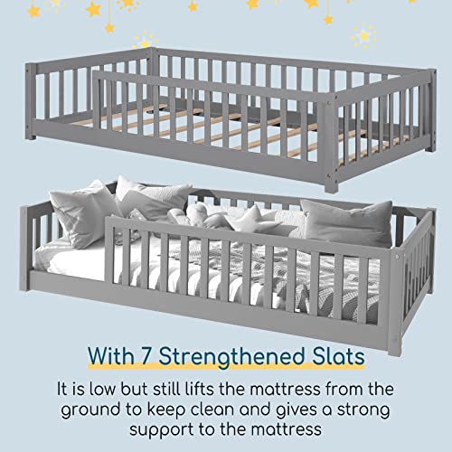 Tatub Twin Floor Bed for Kids with Safety Guardrails and Door and Slats, Wood Kids Montessori Floor Bed Frame for Girls and Boys, Twin-White Without Door