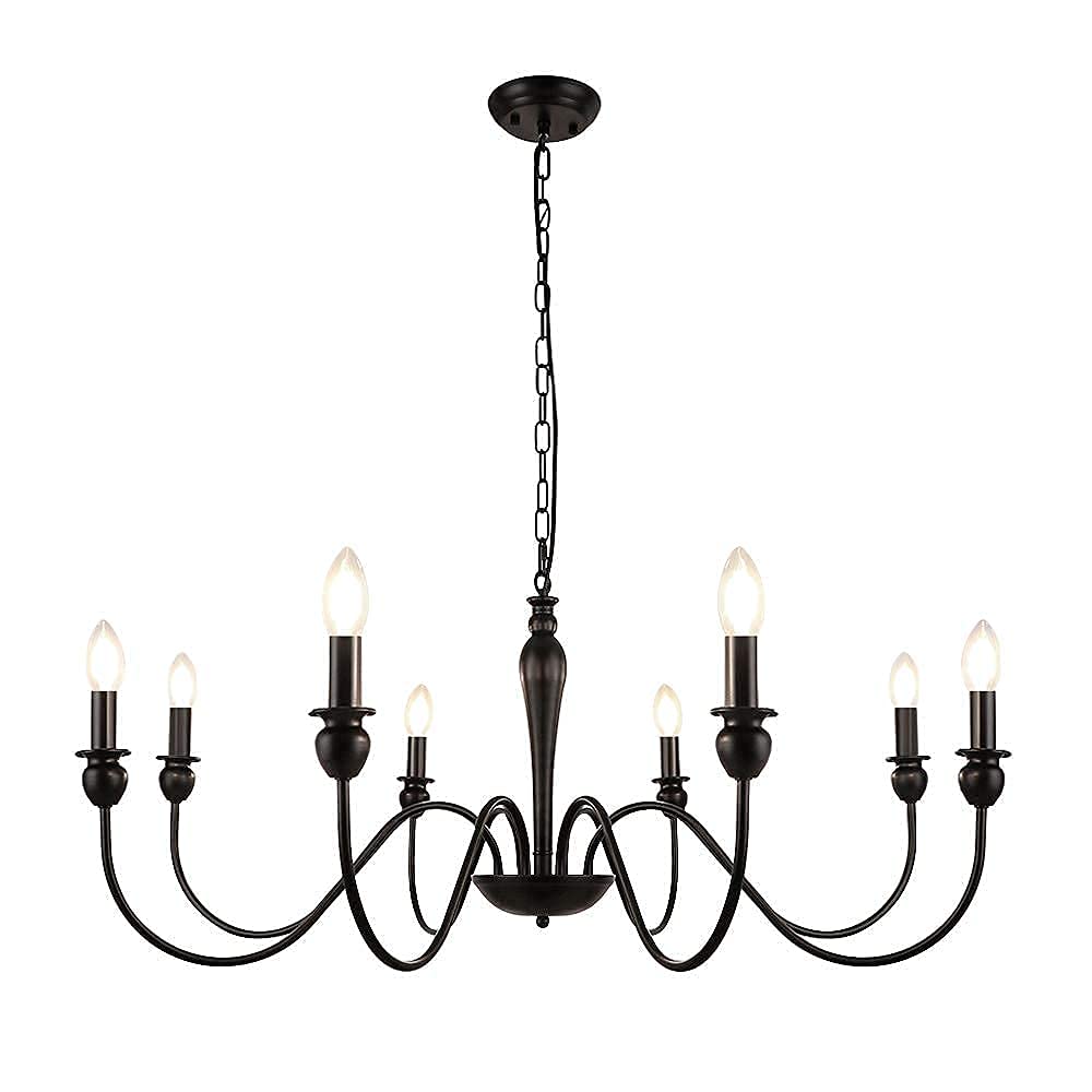 LynPon Farmhouse Chandelier for Dining Room, 8 Lights Black Chandeliers 36.6 Inch Wrought Iron Light Fixtures, Rustic Industrial Hanging Candle Ceiling Light Fixture for Living Room Kitchen Foyer