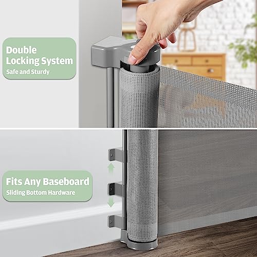 Retractable Baby Gate with Pet Door (55” Wide x 35” Tall) Retractable Dog Gate with Cat Door Indoor Outdoor Mesh Pet Gate for Cats/Puppy/Doggy/Toddler, Cat Safety Gate for Stairs and Doorways(Grey)
