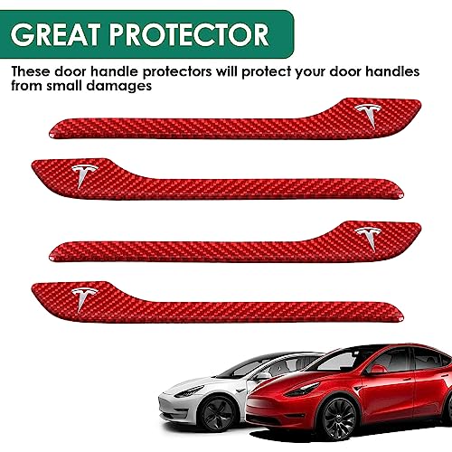 ONKENTET 4 Pcs Door Handle Cover Compatible with Tesla Model 3 (2017-2024) Model Y (2020-2024) Real Carbon Fiber 3D Sticker Wrap Covers Exterior Trim Epoxy Door Sill Protector Accessories (Red)