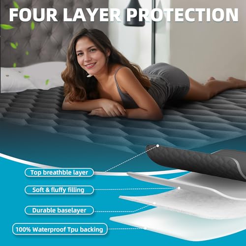 Queen Mattress Protector, Waterproof Mattress Pad Noiseless with Deep Pocket for 8-21 inches Mattress, Soft & Breathable Bed Mattress Cover Washable for Home, Bedroom, Hotel Queen Size (Dark Gray)