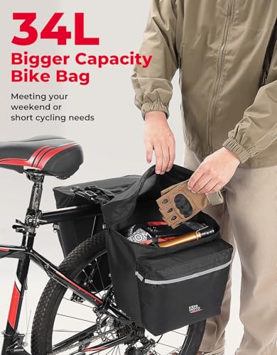 KEMIMOTO Bike Bag Panniers with Rain Cover, 34L Waterproof Bicycle Saddle Bag for Rear Rack Mountain Biking Bags Storage, Ebike Accessories for Commuter Grocery Shopping Travel Carrier, Black
