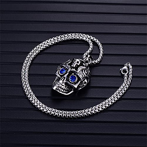 LXSSLY Blue Eye Skull Necklace for Men,Gothic Skull Skeleton Pendant Necklace,Punk Stainless Steel Necklace,Skull Jewelry Gifts for Women Men