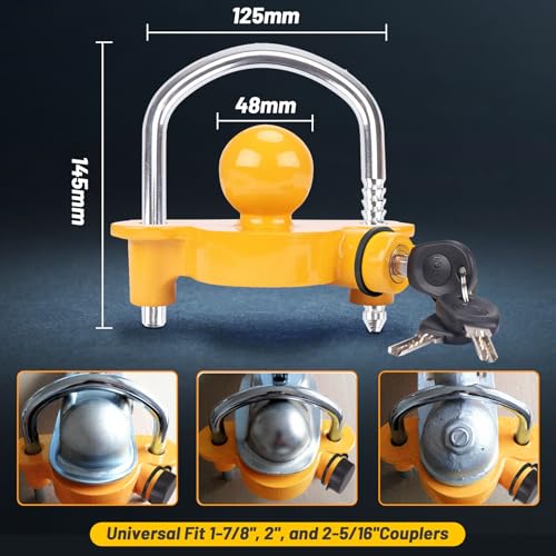 Turnart Trailer Lock, Hitch Lock, Trailer Hitch Lock, Trailer Coupler Lock, Trailer Tongue Lock, Adjustable, Heavy-Duty Steel, Universal Size Fits 1-7/8", 2", and 2-5/16" Couplers (Yellow-A)