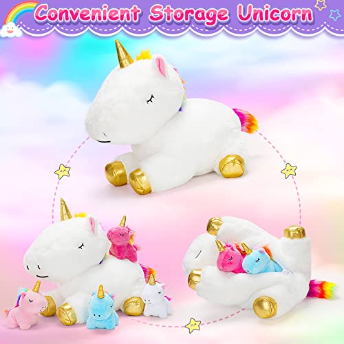 KMUYSL Toys for Girls Ages 3 4 5 6 7 8+ Years - Unicorn Mommy Stuffed Animal with 4 Baby Unicorns in Her Tummy, Soft Unicorn Plush Toys Set, Christmas Birthday Gifts for Baby, Toddler, Kids