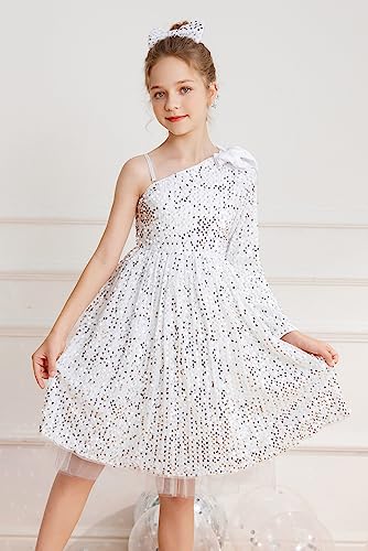 GRACE KARIN Girls Sequin Dress One Shoulder Flower Girl Dress Birthday Formal Wedding Party Gown Apricot Long Sleeve Dress for Girls 6Y