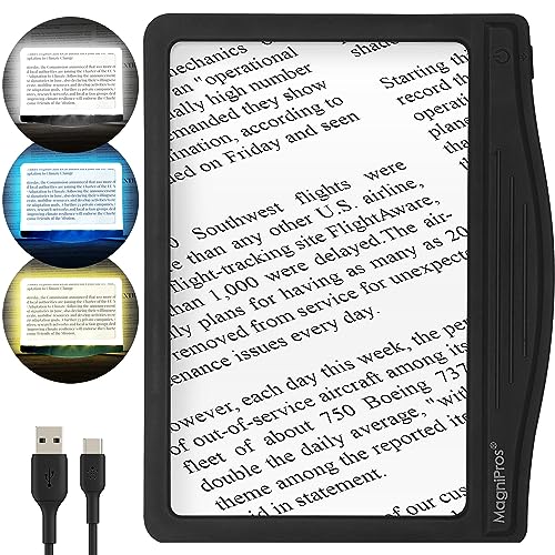 MagniPros 5X Rechargeable Large Ultra Bright LED Page Magnifier with Anti-Glare Lens & 3 Fully Dimmable Light Modes, Relieve Eye Strain- Ideal for Reading Small Prints, Low Vision, Seniors